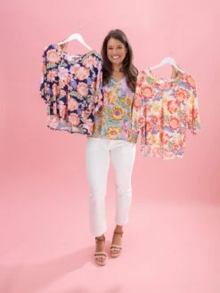 Floral Print V Neck Short Sleeve Top By DD Design | S-3XL Hero