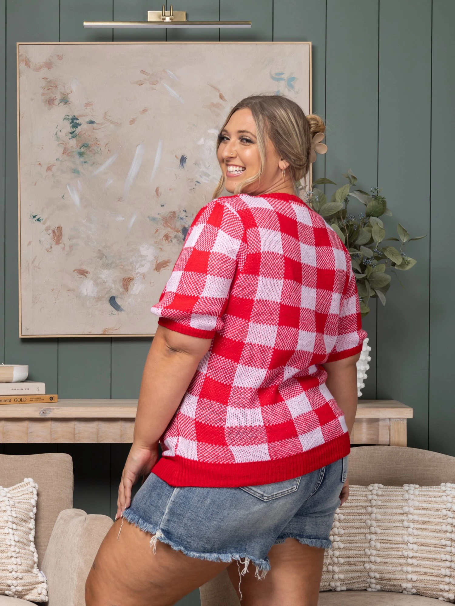 Round Neck Bubble Short Sleeve Gingham Knit Sweater | S - 3XL 2 Round Neck Bubble Short Sleeve Gingham Knit Sweater | S - 3XL - Image 2