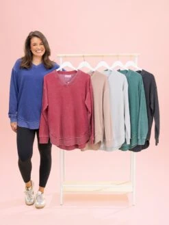 Lived In V Neck Rounded Hem Sweatshirt W/ Pockets By DD Design | S-3XL