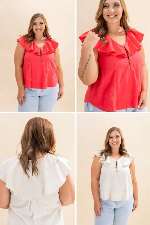 Linen Top With Ruffled Collar And Button Details | S-L 1 Linen Top With Ruffled Collar And Button Details | S-L