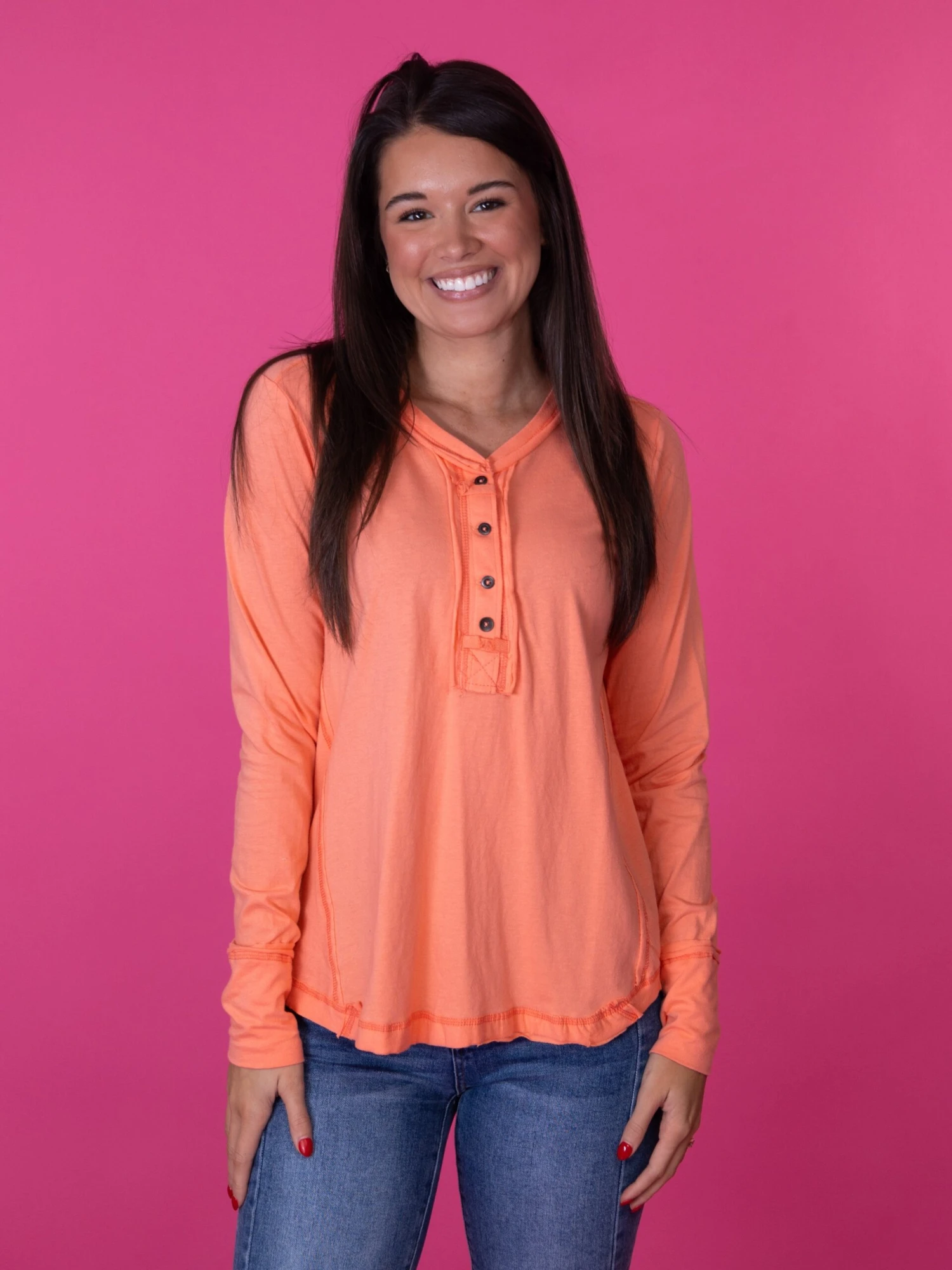 Zenana Long Sleeve Henley Top W/ Thumb Hole Cuffs | S-L 2 Zenana Long Sleeve Henley Top W/ Thumb Hole Cuffs | S-L - Image 2