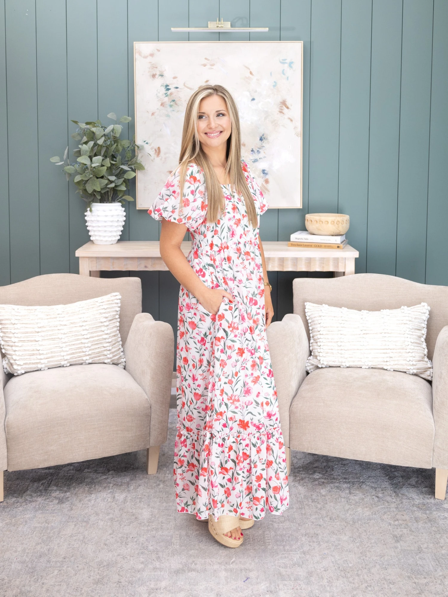 Floral Puff Sleeve Square Neck Empire Waist Tiered Maxi Dress | S-XL 2 Floral Puff Sleeve Square Neck Empire Waist Tiered Maxi Dress | S-XL - Image 2