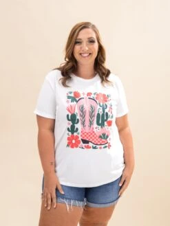 Western Boots Flower Print Round Neck T Shirt | S-3XL