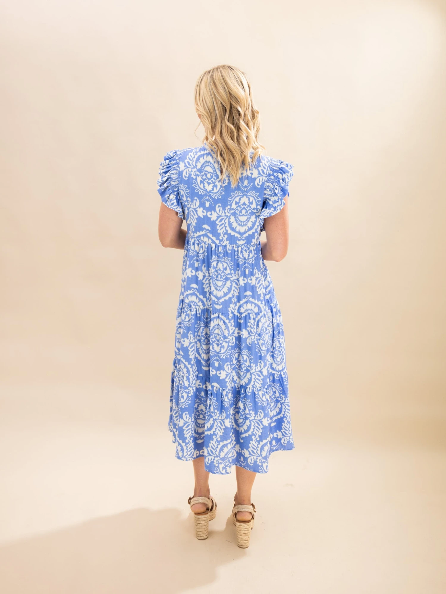 Paisley Print Tiered Midi Dress With Ruffle Shoulders | S-L 3 Paisley Print Tiered Midi Dress With Ruffle Shoulders | S-L - Image 3