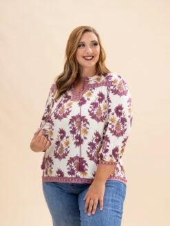 Floral Fall Print 3/4 Length Sleeve Blouse W/ Decorative Trim Details & Tassel Neck Tie | S-L -Discount Divas Shop 71d8b51218d38cadffb8132568fee545