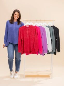 Zenana 1/4 Button Long Sleeve Luxe Hacci Henley Sweater | S/M-2X/3X DOD