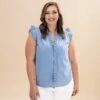 Frilly Ruffle Trim V Neck Chambray Tank Top | S-XL