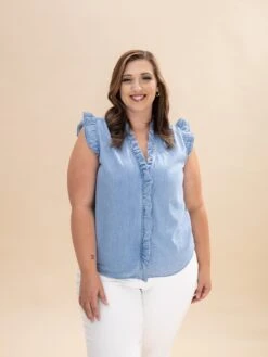 Frilly Ruffle Trim V Neck Chambray Tank Top | S-XL