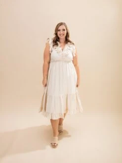 Ruffle Short Sleeve V Neck Midi Dress | S-L