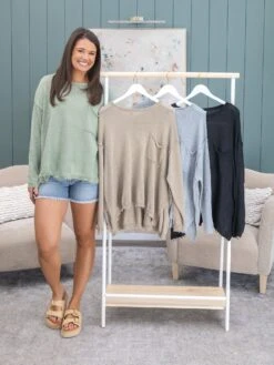Easel Round Neck Raw Hem Sweater W/ Chest Pocket | S - 3X -Discount Divas Shop 737078a493ade1e2f36ad93ae0d4d478
