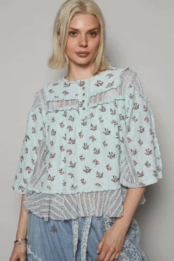 Floral Waffle Knit Button Detail Relaxed Top | S - L POL