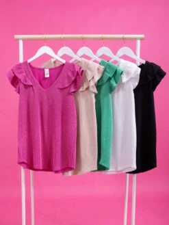 Raised Rib Ruffle Sleeve V Neck Top | S - XL