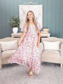 Floral Puff Sleeve Square Neck Empire Waist Tiered Maxi Dress | S-XL