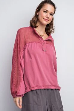 Long Sleeve Fishnet Cotton Jersey Mock Button Front Top | S-L Easel