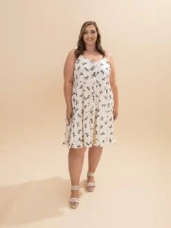 Bow Print Button Detail Tiered Tank Dress | S-3XL