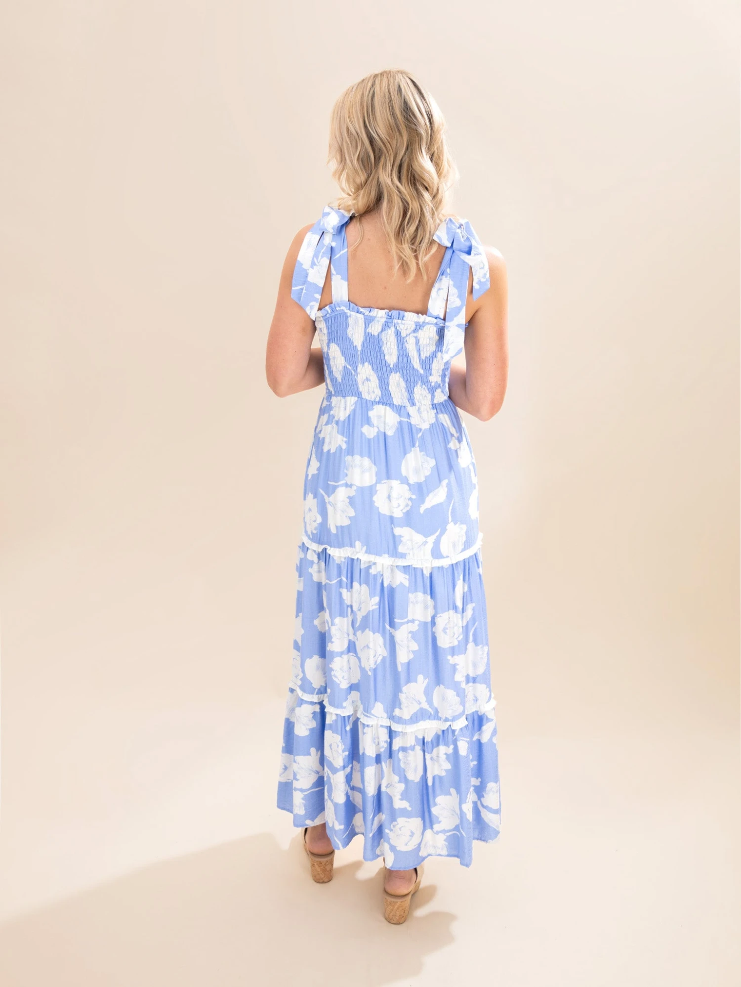 Woven Print Smocking Tiered Maxi Dress W/ Shoulder Tie & Side Pocket | S-2XL 7 Woven Print Smocking Tiered Maxi Dress W/ Shoulder Tie & Side Pocket | S-2XL - Image 7