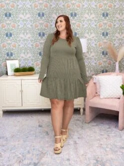 Raised Rib Long Sleeve Tiered Dress | S - 3X -Discount Divas Shop 783253addb740fefb968e7f221d370c8