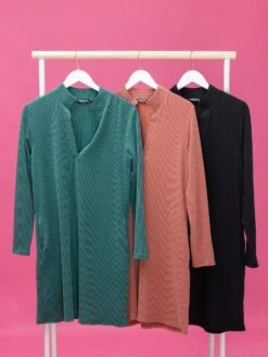 Raised Rib Long Sleeve Mandarin Collar Dress | S - 3X