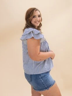 Ruffle Sleeve Woven Stripe Top With Pintuck Detail And Front Tie | S-L -Discount Divas Shop 790669f50a05e27314c45fb15a36cd9d
