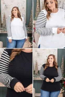 Cotton Blend Striped Sleeve Sweater | S-3XL