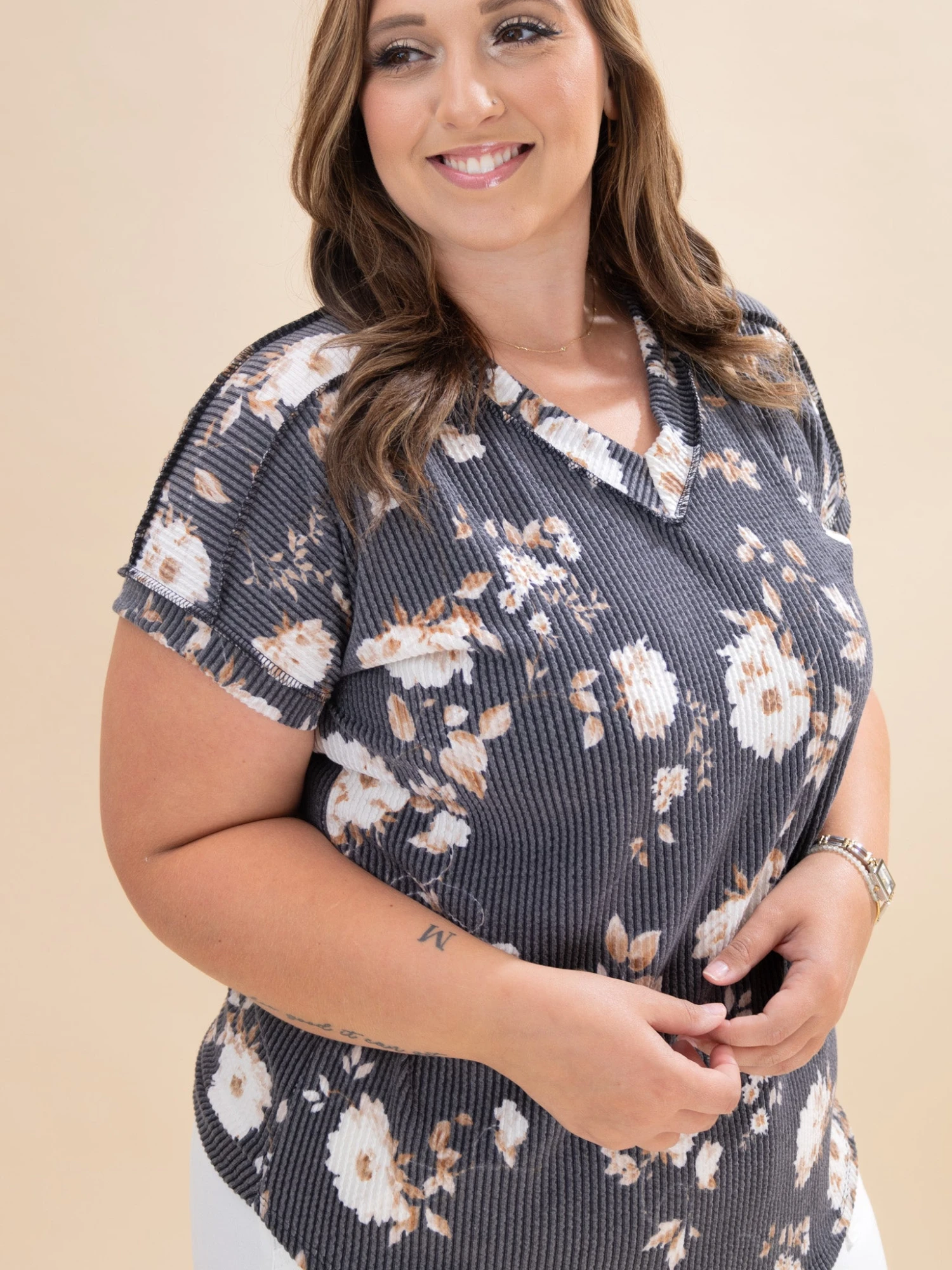 Raised Rib Dolman Short Sleeve Floral Print Top | S-3XL 5 Raised Rib Dolman Short Sleeve Floral Print Top | S-3XL - Image 5