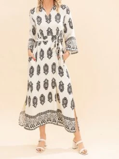Waist Tie Damask Border Print Midi Dress | S-L -Discount Divas Shop 7e848021efee4920a3f4f6d3faa52c28
