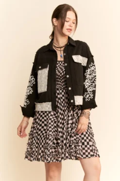 Cord Floral Embroidered Denim Jacket | S - 3XL Davi & Dani