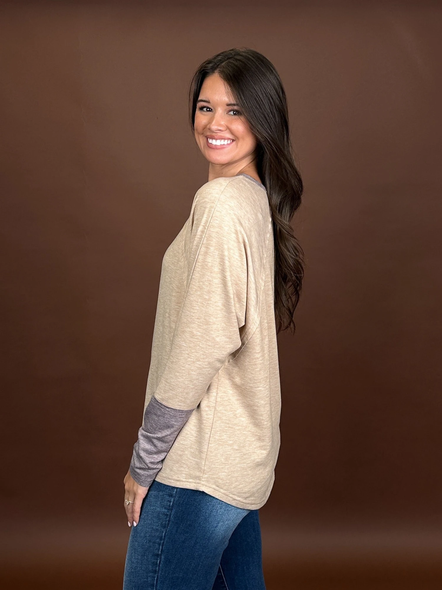 Contrast Cuff Long Batwing Sleeve Round Neck Top | S - XL 2 Contrast Cuff Long Batwing Sleeve Round Neck Top | S - XL - Image 2