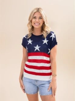 STACCATO American Flag Wide Crew Neck Short Sleeve Sweater | S-XL Americana