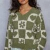 Checkered Heart & Flower Print Sweater Top | S - L POL