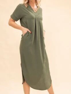 Airflow V Neck Placket W/ Front Pleat Maxi Dress W/ Pockets | S-3X -Discount Divas Shop 813b36712b9f93feb94639eda3dce4c2
