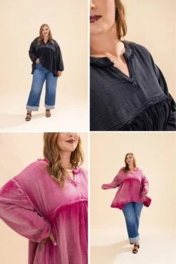 Washed Raw Edge Puff Sleeve Peplum Top | S-3XL