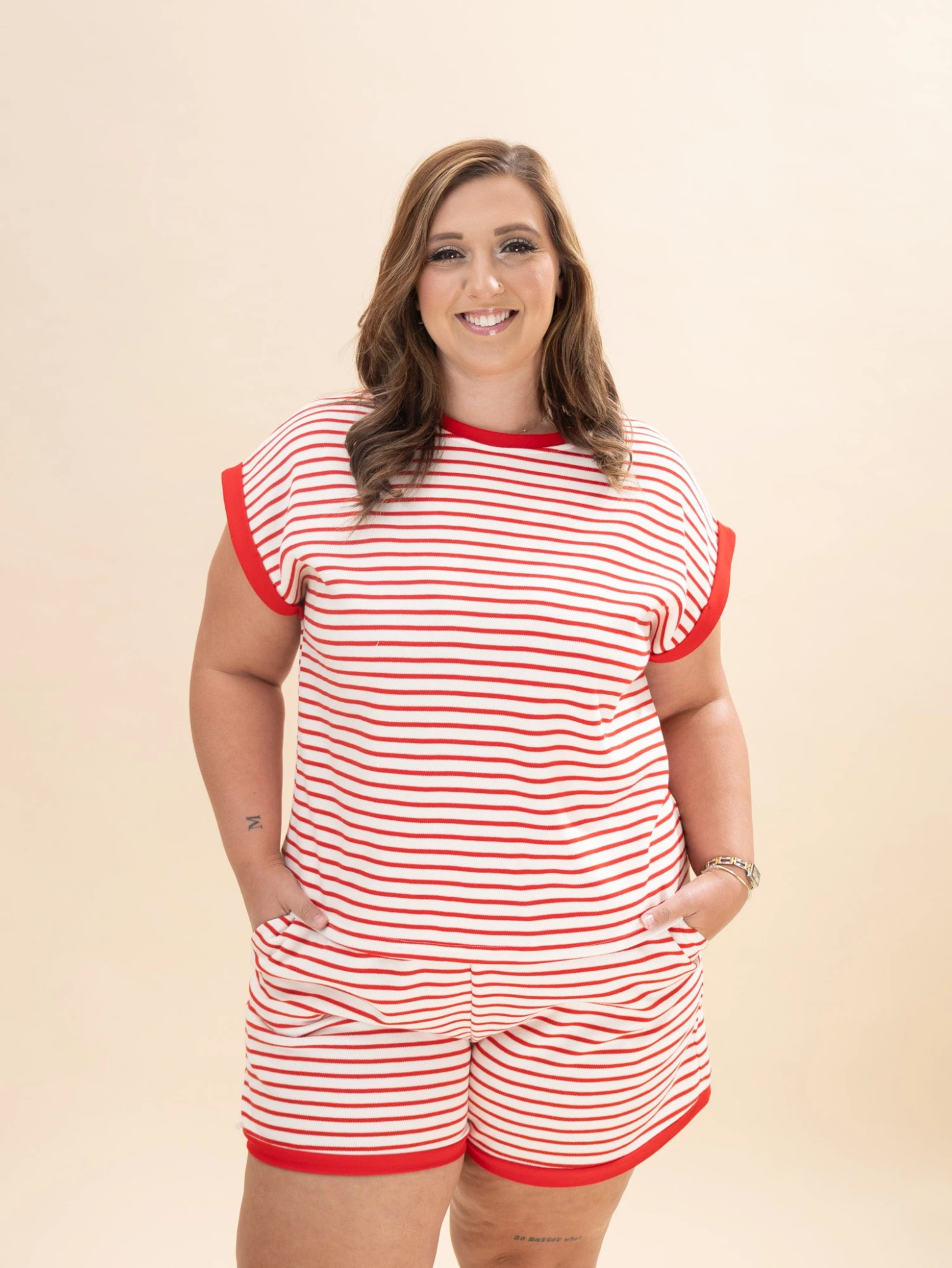 Short Sleeve Contrast Rib Striped Knit Top | S-2XL Pair W/ Sku61987 2 Short Sleeve Contrast Rib Striped Knit Top | S-2XL Pair W/ Sku61987 - Image 2