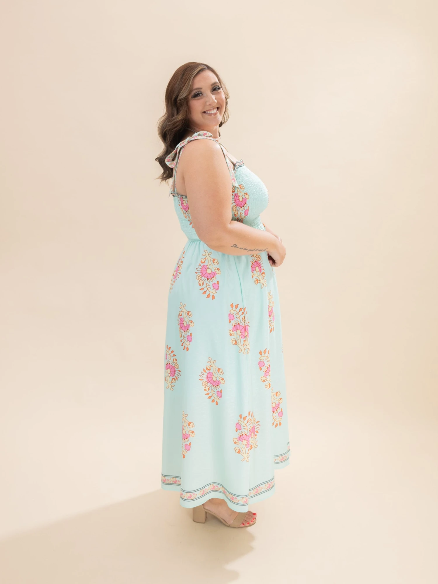 Printed Smocked Bodice Tie Strap Midi Dress | S - 3XL 3 Printed Smocked Bodice Tie Strap Midi Dress | S - 3XL - Image 3