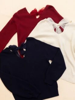 Long Sleeve V Neck Drop Shoulder Back Bow Tie Detail Sweater | S-L