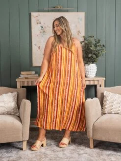 Striped Print Adjustable Maxi Dressw/ Pockets | S - 3X