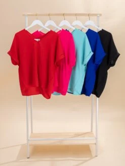 Short Sleeve V Neck Woven Top | S-2XL