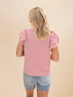 Ruffle Sleeve Woven Stripe Top With Pintuck Detail And Front Tie | S-L -Discount Divas Shop 88433a690f789a0bbfb03af978161ad6