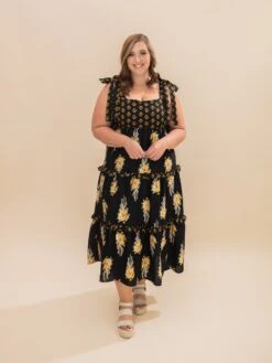 Floral Bouquet Print Tie Strap Empire Tiered Dress | S-L