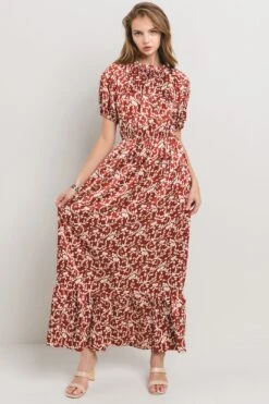 Leaf Print Satin Maxi Dress | S-L Ces Femme