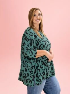 Raised Rib Green Leopard Easy Fit 3/4 Sleeve Top By DD Design | Reg-Plus -Discount Divas Shop 898cd81694a62ca450fc01cf457d8296