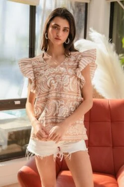 Printed Woven V Neck Ruffle Striped Sleeve Top | S - XL BiBi