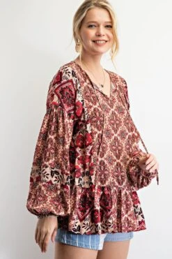 Long Sleeve Printed Gauze Babydoll Top | S - L Easel