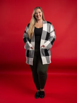 Checkered Open Front Long Sleeve Cardigan W/ Pockets | S - XL