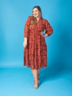 Metallic Printed Ruffled V-Neck 3/4 Sleeve Tiered Dress | S - L