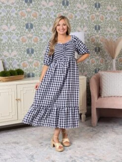 Gingham Print Puff Sleeve Midi Dress | S-L