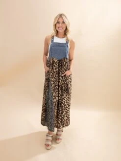 Denim Overall Dress With Leopard Print Detail | S-3XL