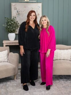 Pleated 3/4 Sleeve Tie Keyhole Top | S - L Set W/ Sku55129