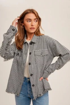 Fringe Detailed Houndstooth Shacket | S - L Hem & Thread