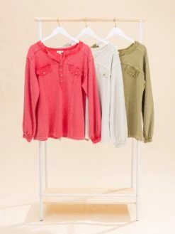 Long Sleeve Textured Thermal Mineral Washed Top | S-L